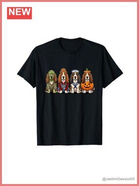 Halloween Basset Hound Costume Lineup Graphic Tee Dog Lover Shirt
